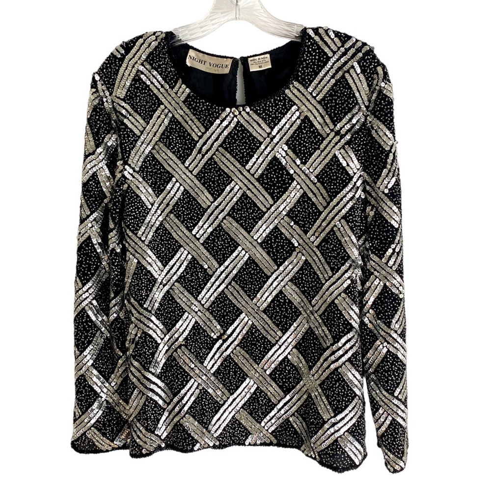 Night Vogue 100% Silk Heavily Sequined Evening Top Black with Silver Seq…